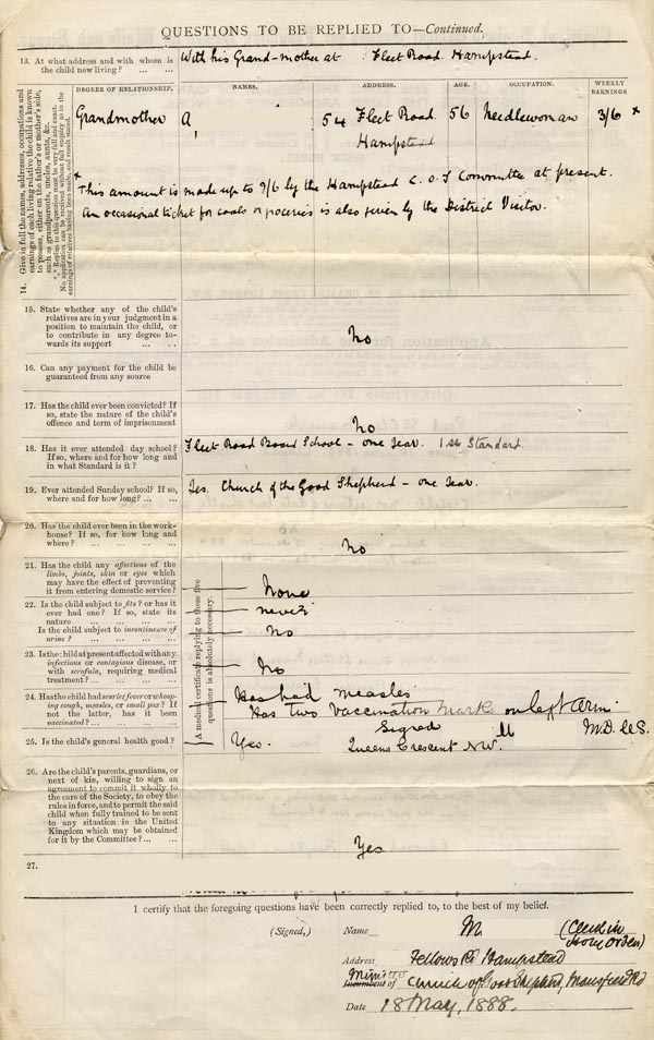 Large size image of Case 1399 1. Application to the Waifs and Strays' Society 18 May 1888
 page 2