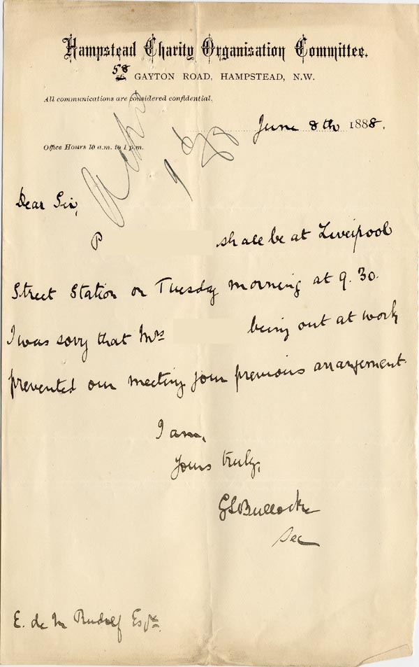 Large size image of Case 1399 4. Letter from the Hampstead Charity Organisation Committee 8 June 1888
 page 1