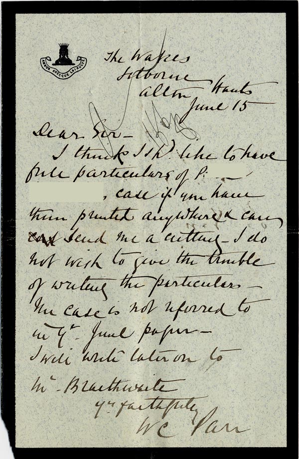 Large size image of Case 1399 5. Letter to Revd Edward Rudolf from W.C. Pan 15 June 1888
 page 1