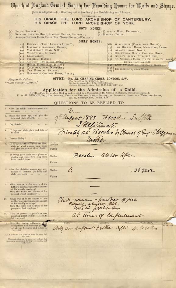 Large size image of Case 2258 1. Application to Waifs and Strays' Society 23 October 1889
 page 1