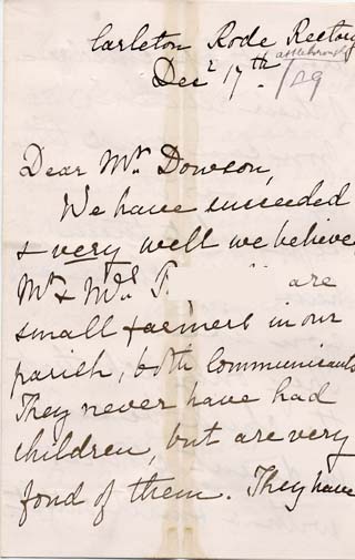 Large size image of Case 2258 2. Letter from Miss Cholmeley 17 December 1889
 page 1