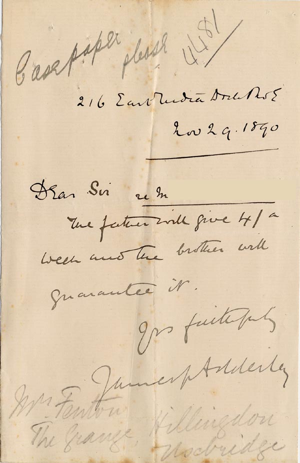 Large size image of Case 2716 2. Letter from Revd Adderley to The Grange 29 November 1890
 page 1