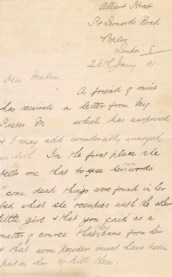 Large size image of Case 2716 5. Letter from M's brother to Mrs Worsley, The Grange 26 January 1891
 page 1