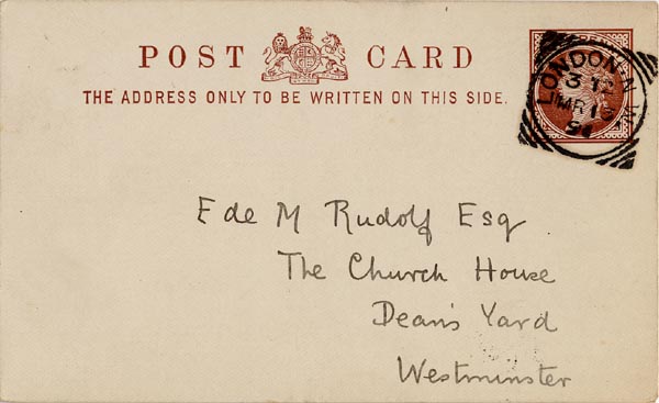 Large size image of Case 2716 12. Postcard from Alice M. Lee to Revd Edward Rudolf 13 March 1891
 page 1