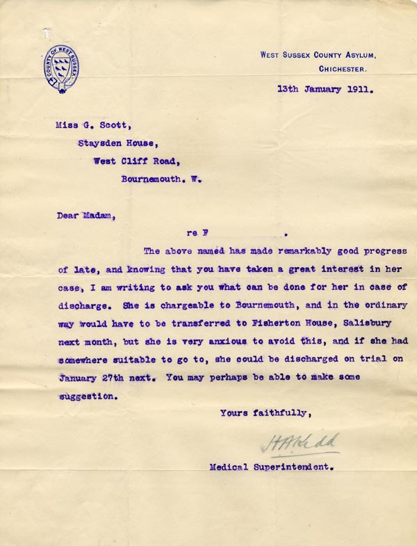Large size image of Case 3271 34. Letter from West Sussex County Asylum to F's employer, Miss G. Scott  13 January 1911
 page 1