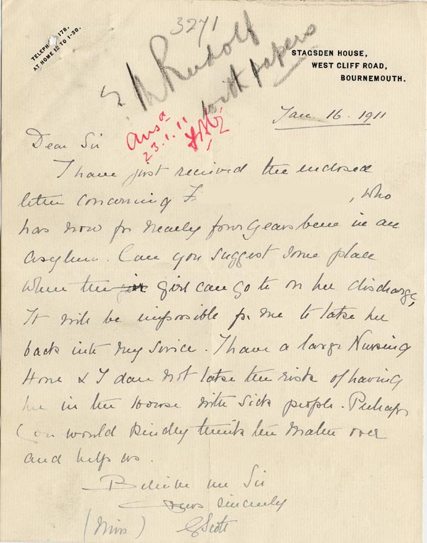 Large size image of Case 3271 35. Letter from F's employer, Miss G. Scott to Edward Rudolf  16 January 1911
 page 1