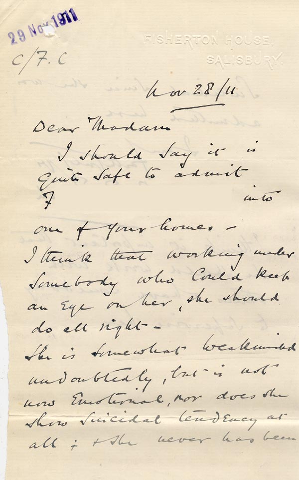 Large size image of Case 3271 45. Letter from Fisherton House Asylum  28 November 1911
 page 1
