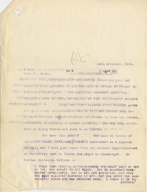 Large size image of Case 3271 46. Copy of letter from Edward Rudolf to Mr Roxby, The After Care Association  29 November 1911
 page 1