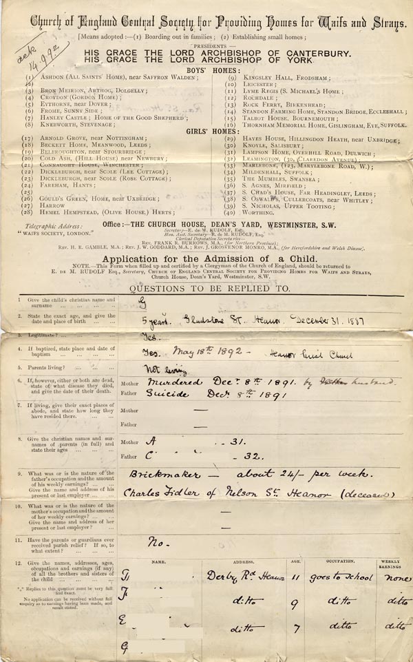 Large size image of Case 3303 1. Application to Waifs and Strays' Society 13 September 1892
 page 1