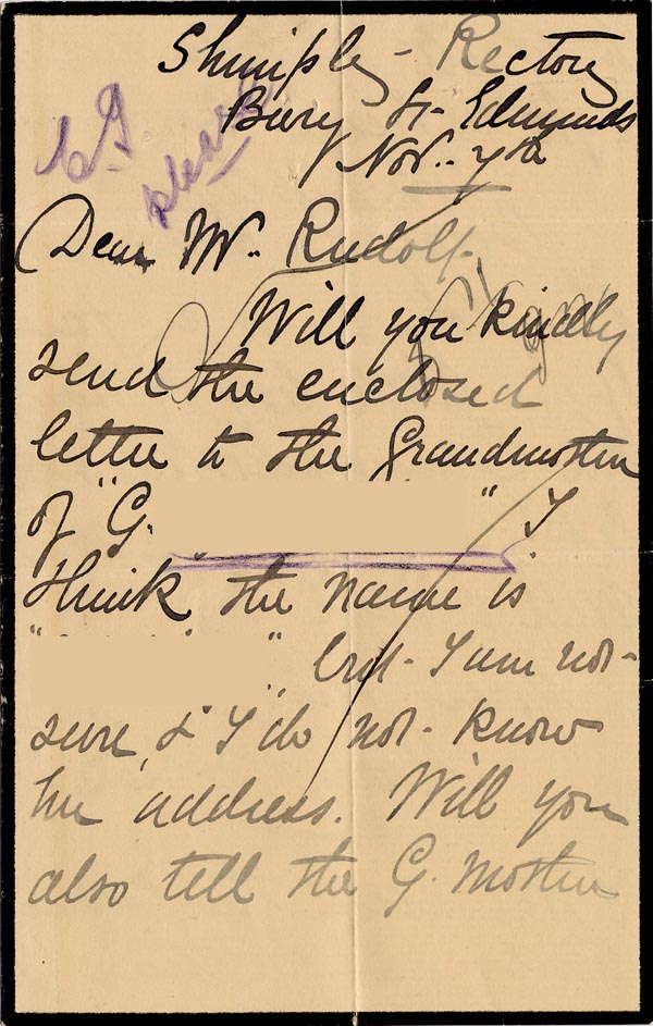 Large size image of Case 3303 3. Letter to Revd Edward Rudolf from Mary Bolton, Shimply Rectory c. 7 November 1892
 page 1
