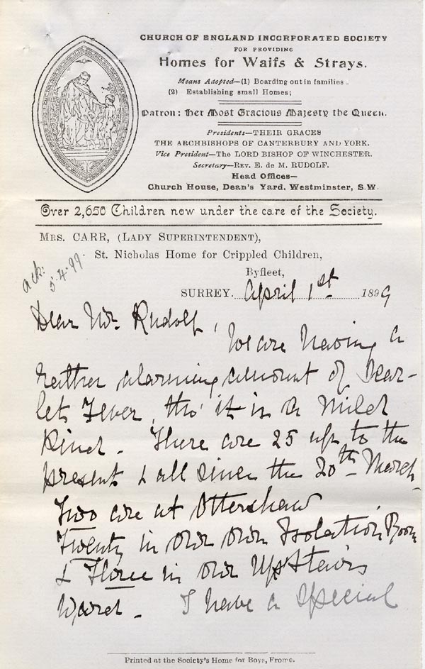 Large size image of Case 3303 6. Letter from the Byfleet Home 1 April 1899
 page 1