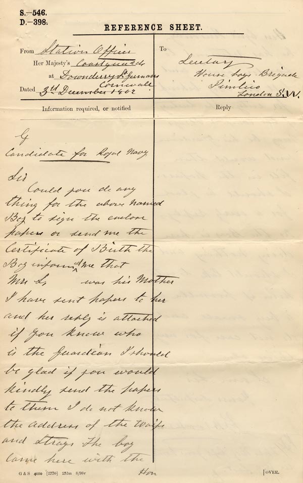 Large size image of Case 3303 12. Letter from the Cornwall Coastguard 3 December 1902
 page 1