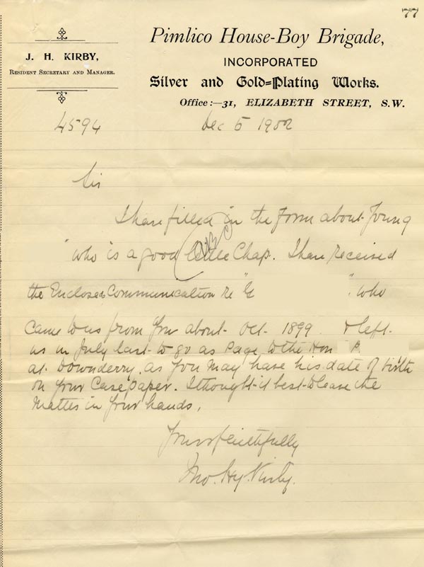 Large size image of Case 3303 13. Letter from the Pimlico House-Boys Brigade 5 December 1902
 page 1
