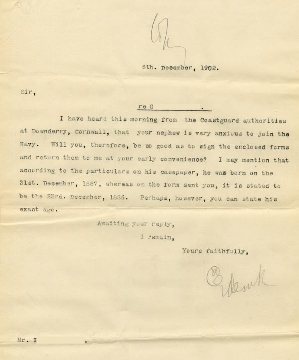 Large size image of Case 3303 14. Letter from Revd Edward Rudolf to G's uncle 6 December 1902
 page 1