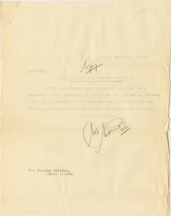 Large size image of Case 3303 15. Letter from the Pimlico House-Boys Brigade to the Cornwall Coastguard 13 December 1902
 page 1
