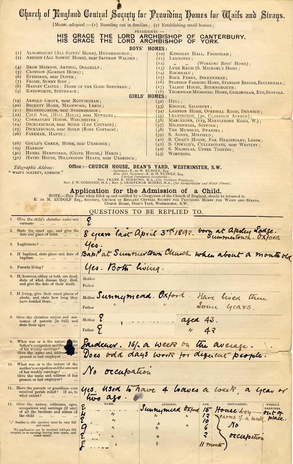 Large size image of Case 3392 1. Application to Waifs and Strays' Society 29 November 1892
 page 1
