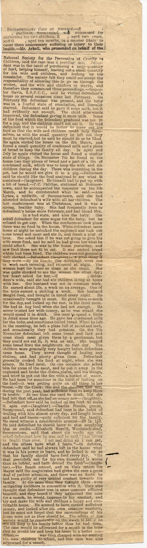 Large size image of Case 3392 2. (quote)Extraordinary case of neglect(unquote), Oxford Times, 26 November 1892
 page 1