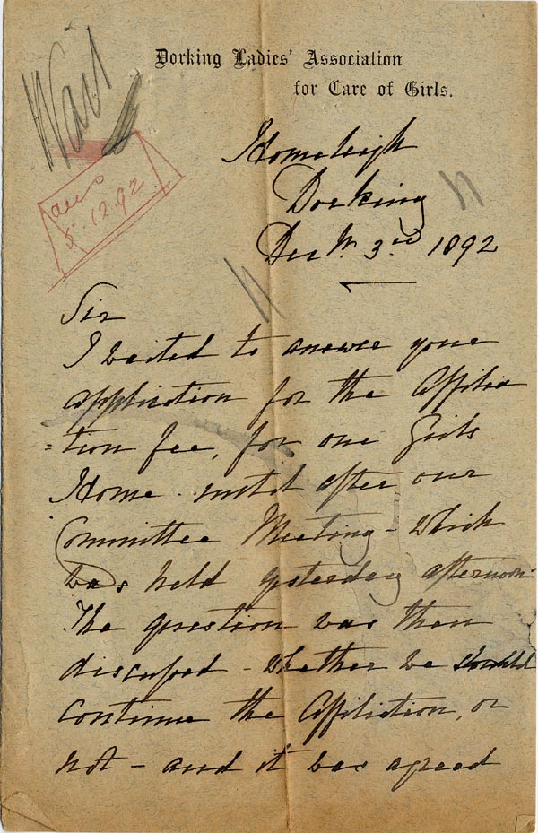 Large size image of Case 3392 3. Letter from the Dorking Ladies Association for the Care of Girls 3 December 1892
 page 1