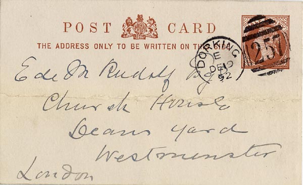 Large size image of Case 3392 7. Postcard from Dorking Ladies' Association Home for Friendless Girls to Revd Edward Rudolf 19 December 1892
 page 1