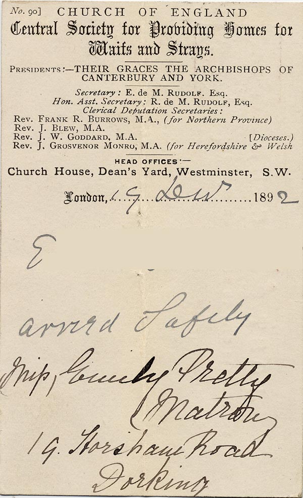 Large size image of Case 3392 7. Postcard from Dorking Ladies' Association Home for Friendless Girls to Revd Edward Rudolf 19 December 1892
 page 2