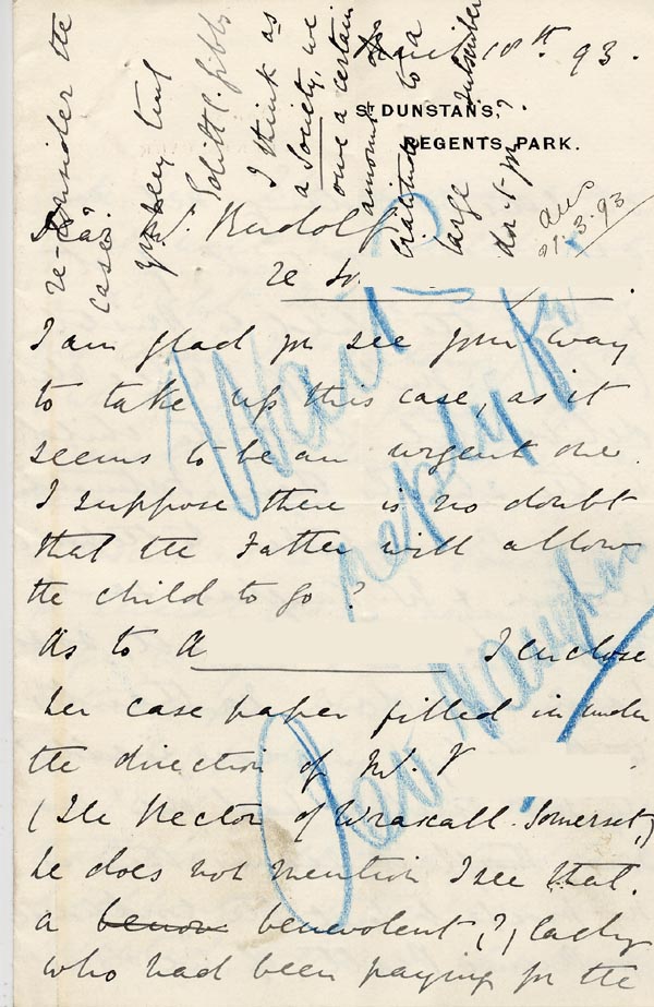 Large size image of Case 3583 2. Letter from Miss Gibbs, St. Dunstans 10 March 1893
 page 1