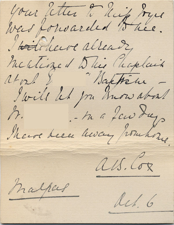 Large size image of Case 3622 10. Postcard from from Miss Cox 6 October 1909
 page 2