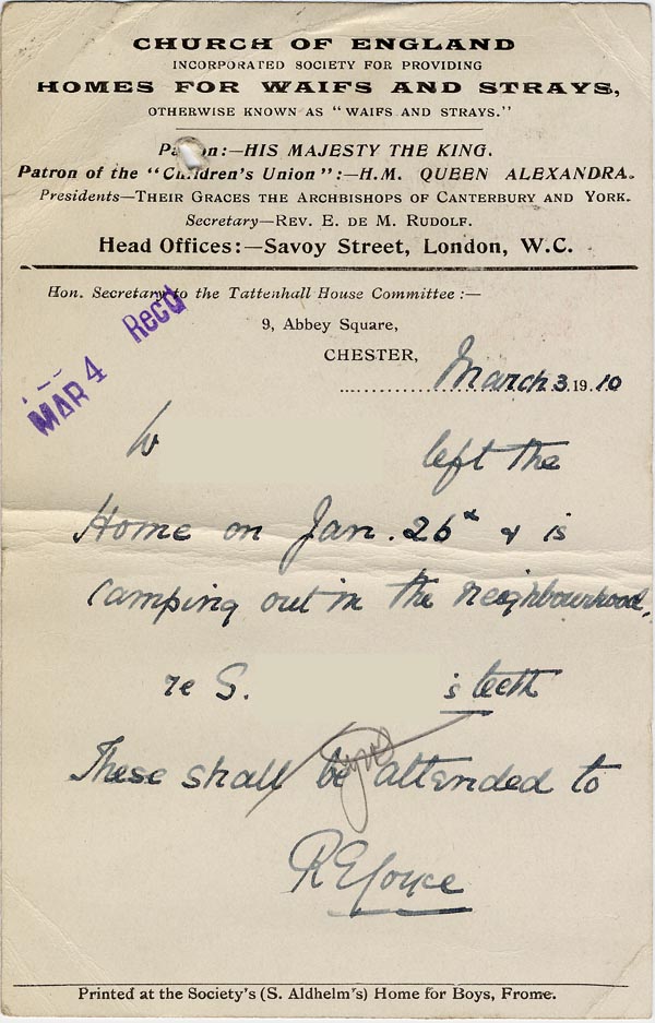 Large size image of Case 3622 19. Postcard from Tattenhall Home 3 March 1910
 page 2