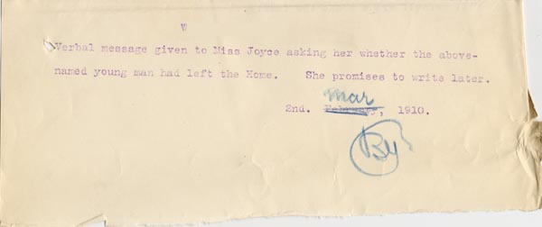 Large size image of Case 3623 18. Note of verbal message 2 March 1910
 page 1