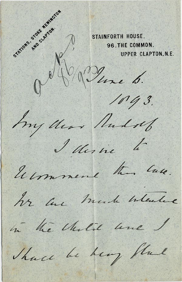 Large size image of Case 3821 3. Letter from Stainforth House 6 June 1893
 page 1