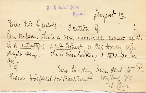 Large size image of Case 3821 5. Letter from Byfleet Home 12 August 1893
 page 1