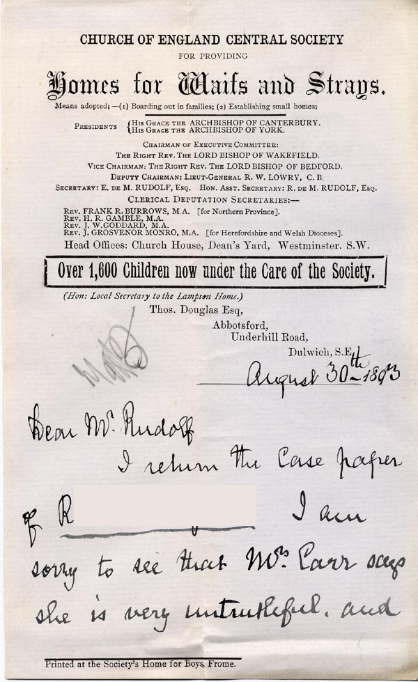 Large size image of Case 3821 7. Letter from the Lampson Home 30 August 1893
 page 1