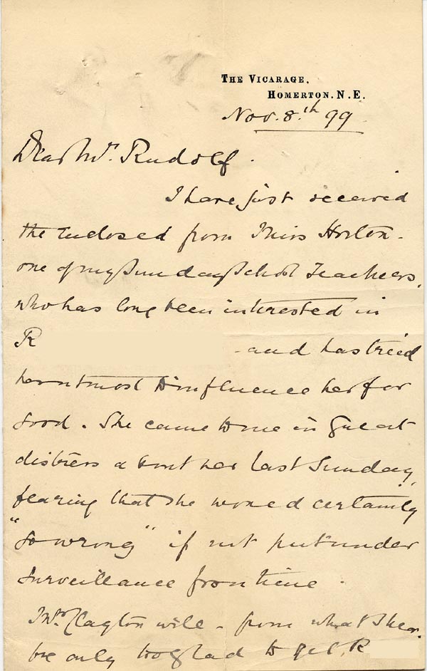 Large size image of Case 3821 9. Letter from Mrs Blatch  8 November 1899
 page 1