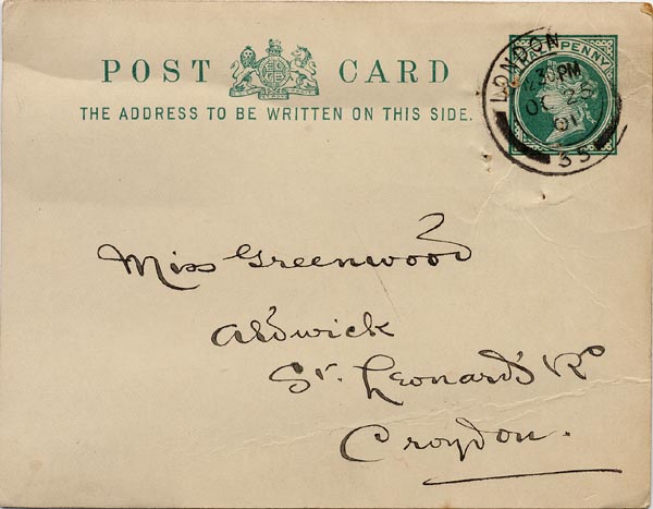 Large size image of Case 3821 20. Postcard to Miss Greenwood 25 October 1901
 page 1