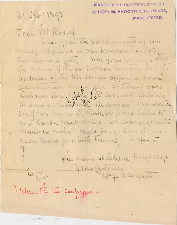 Large size image of Case 3967 2. Letter from the Manchester Branch Waifs and Strays  21 November 1893
 page 1