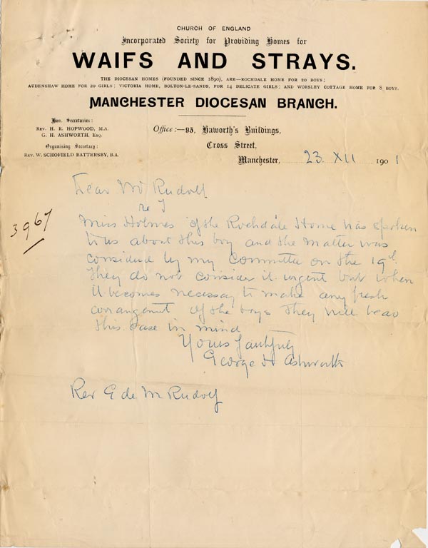 Large size image of Case 3967 4. Letter from the Manchester Branch Waifs and Strays  23 November 1901
 page 1