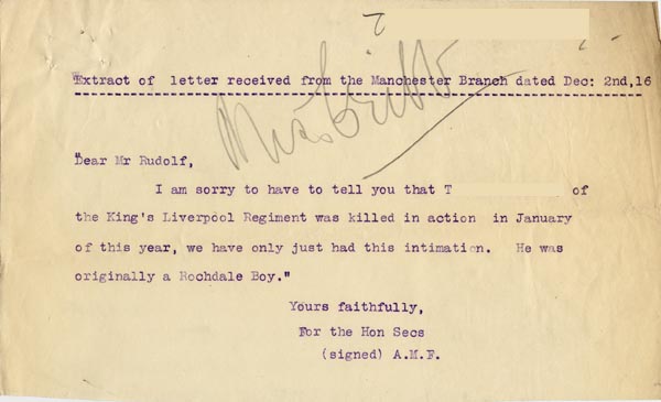 Large size image of Case 3967 5. Extract of letter from the Manchester Branch Waifs and Strays  2 December 1916
 page 1
