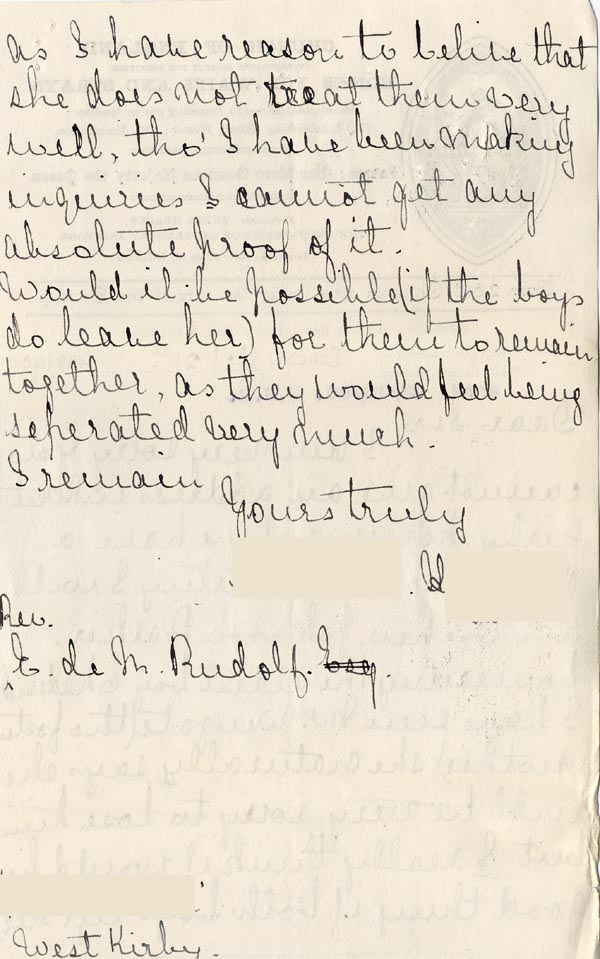 Large size image of Case 4171 10. Letter from Mrs H. suggesting both the boys leave their foster mother's care  21 October 1900
 page 2