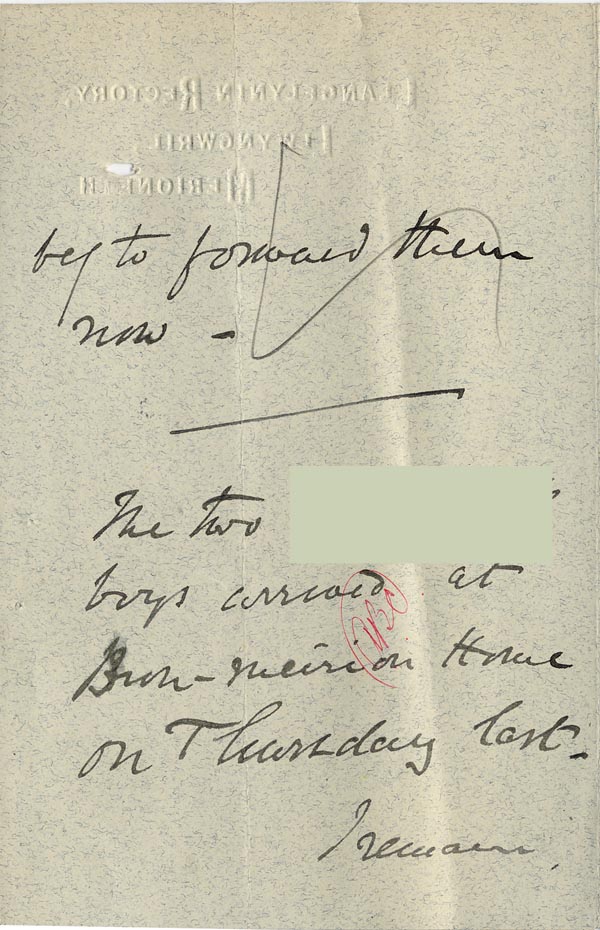 Large size image of Case 4171 19. Letter from St Deniol's Home acknowledging the boys' arrival  3 December 1900
 page 2