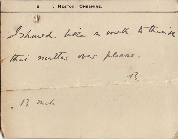 Large size image of Case 4171 23. Card from Mrs B. asking for time to consider  13 March 1901
 page 2