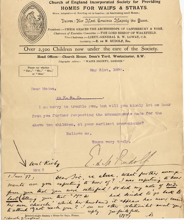 Large size image of Case 4172 7. Letter from Revd Edward Rudolf requesting details of arrangements made for the children with a reply from Mrs B. written on the bottom  31 May and 1 June 1897
 page 1