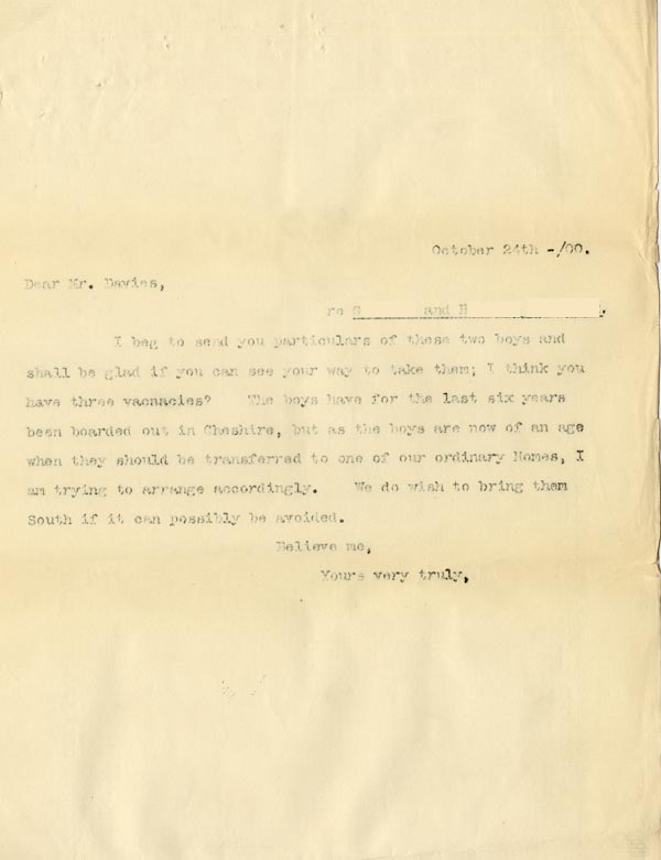 Large size image of Case 4172 12. Copy letter from Revd Edward Rudolf to St Deniol's Home requesting they take H. and G.  24 October 1900
 page 1