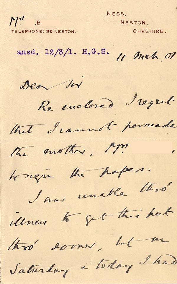 Large size image of Case 4172 21. Letter from Mrs B. about the home circumstances of H. and G's mother and stepfather  11 March 1901
 page 1