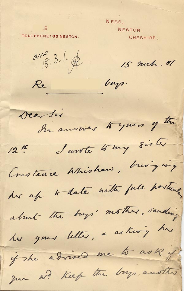 Large size image of Case 4172 24. Letter from Mrs B. asking if the boys could remain in the Home a little longer  15 March 1901
 page 1