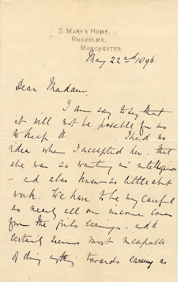 Large size image of Case 4215 5. Letter from Sister-in-Charge, St Mary's Home  22 May 1896
 page 1