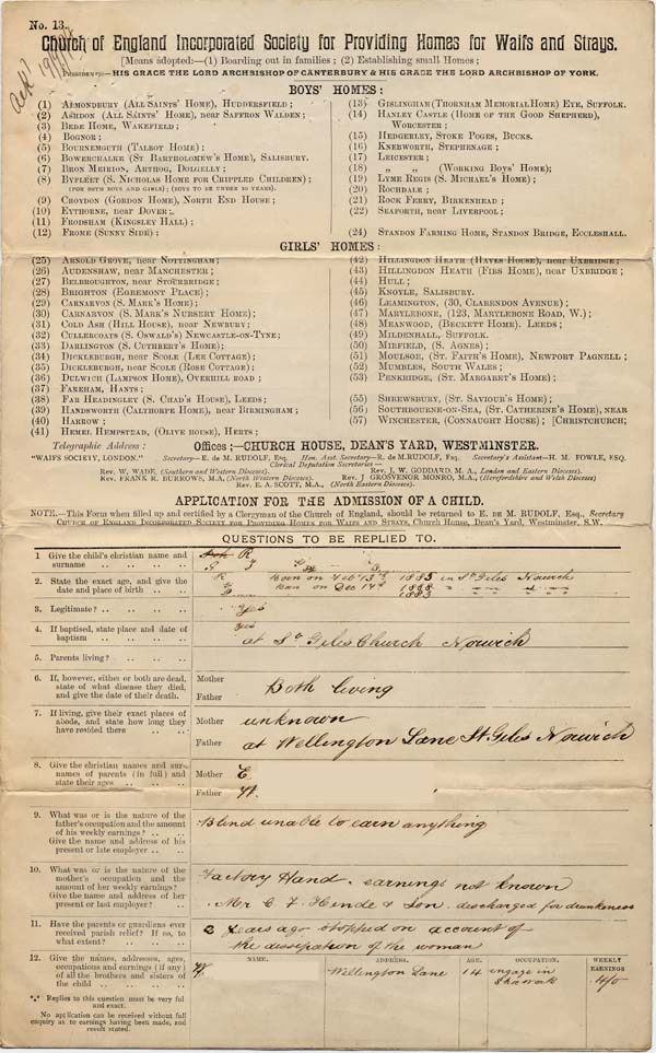 Large size image of Case 4488 1. Application to Waifs and Strays' Society  14 September 1894
 page 1