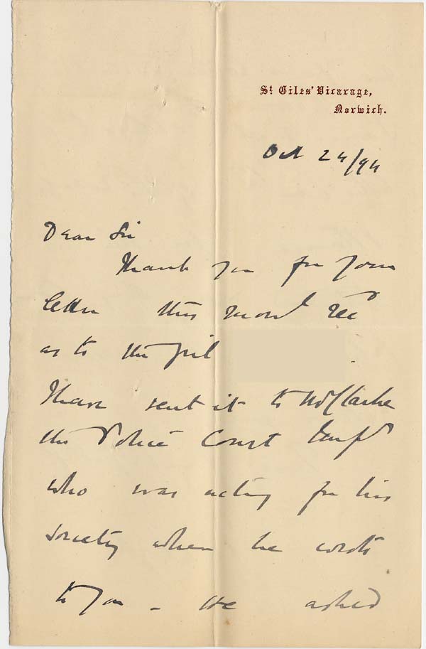 Large size image of Case 4488 4. Letter from St. Giles' Vicarage 24 October 1894
 page 1