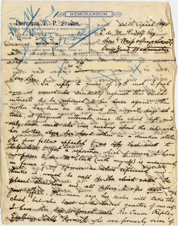 Large size image of Case 4488 6. Letter from National Society for the Prevention of Cruelty to Children 22 April 1895
 page 1