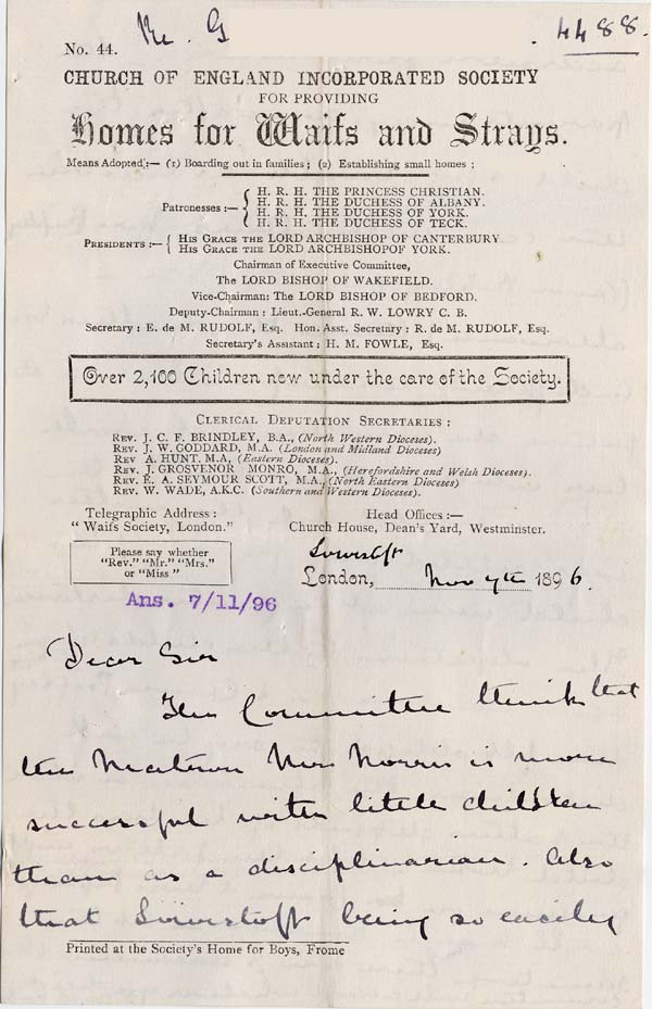 Large size image of Case 4488 12. Letter from B Douchly Hon. Sec. Lowestoft Church Home for Girls 7 November 1896
 page 1