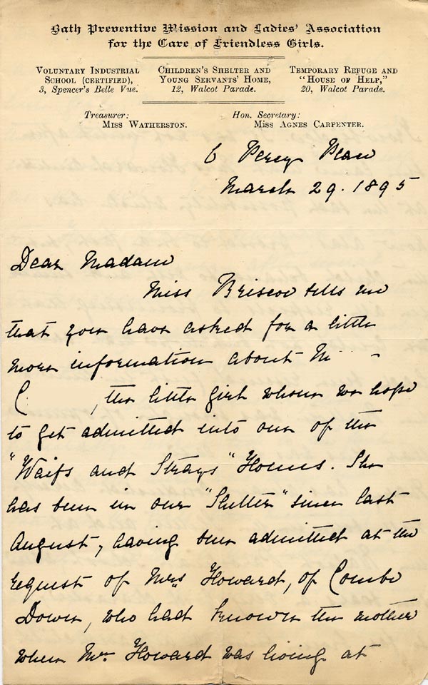 Large size image of Case 4770 4. Letter from the Bath Preventative Mission 29 March 1895
 page 1