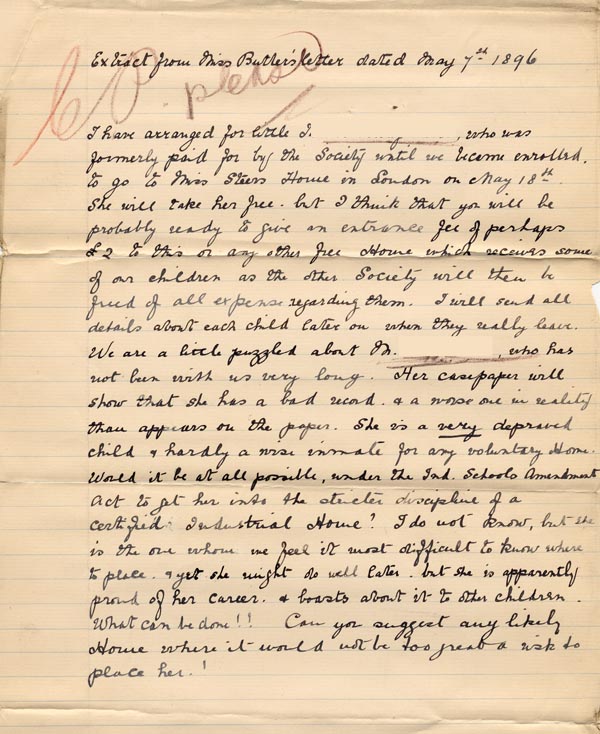 Large size image of Case 4770 11. Extract of a letter from the Shrewsbury Home 7 May 1896
 page 1